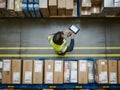 Worker warehouse inventory managing boxes efficiently Royalty Free Stock Photo