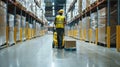 Worker in a warehouse pulling a pallet jack filled Royalty Free Stock Photo
