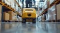 Worker in a warehouse pulling a pallet jack filled Royalty Free Stock Photo