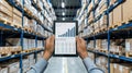 A worker in a warehouse stands in an aisle and looks at a tablet that displays a data chart Royalty Free Stock Photo