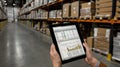 A worker in a warehouse stands in an aisle and looks at a tablet that displays a data chart Royalty Free Stock Photo