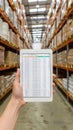 A worker in a warehouse stands in an aisle and looks at a tablet that displays a data chart Royalty Free Stock Photo