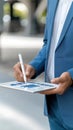 A worker in a warehouse stands in an aisle and looks at a tablet that displays a data chart Royalty Free Stock Photo