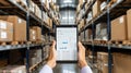A worker in a warehouse stands in an aisle and looks at a tablet that displays a data chart Royalty Free Stock Photo