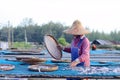 A worker was busy drying the fish for the process of drying the fish under the sun's heat before it became salted fish.