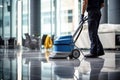 Worker washing office floor with cleaning machine. Generative AI