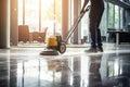 Worker washing office floor with cleaning machine. Generative AI