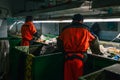 Worker at a waste processing plant. A man sorts rubbish with his hands. Sorting tape. The business of sorting and