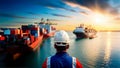 a worker watching a busy port full with containers and ship