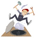 Worker, water and steam gushing from the sewer manhole illustration
