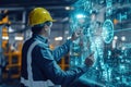 A worker wearing a hard hat carefully inspects a significant display on the construction site, A digital display of intelligent Royalty Free Stock Photo