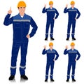 Worker wearing helmet and overalls with safety band shows one to five fingers. Vector illustration set isolated on white Royalty Free Stock Photo