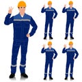 Worker wearing helmet and overalls with safety band shows one to five fingers. Vector illustration set isolated on white Royalty Free Stock Photo