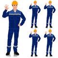 Worker wearing helmet and overalls with safety band shows one to five fingers. Vector set isolated on white Royalty Free Stock Photo