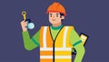 A worker wearing a high visibility safety vest with multiple pockets equipped with a whistle and a keychain flashlight