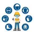 Worker wearing his personal protective equipment. Set of icons, pictograms of industrial safety and occupational health for the