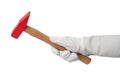 Worker wearing protective white leather gloves holding a red hammer on white background Royalty Free Stock Photo