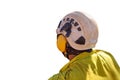 Worker wearing wearing side impact rope access safety white helmet attached with yellow noise disruptive earmuffs