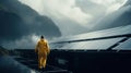 Worker wearing yellow protective clothing, maintaining solar panels installation in a remote area. Generative AI