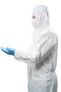 Worker wears medical protective suit or white coverall suit hand extend isolated on white