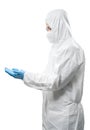 Worker wears medical protective suit or white coverall suit hand extend isolated on white