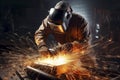 Worker or welder in the metallurgical industry performing welding in his workshop. metal processing Sparks