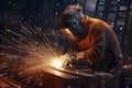 Worker or welder in the metallurgical industry performing welding in his workshop. metal processing Sparks