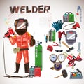 worker welder in a protective mask with gas welding machine. character design. tools and equipment set - vector