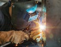 Worker welding construction by MIG welding Royalty Free Stock Photo