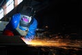 Worker welding metal and sparks