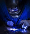 Worker welding the steel part