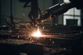 Worker is welding using mig mag welder constructions in the factory. Generative AI Royalty Free Stock Photo