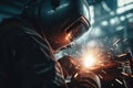 Worker is welding using mig mag welder constructions in the factory. Generative AI Royalty Free Stock Photo
