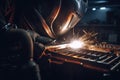 Worker is welding using mig mag welder constructions in the factory. Generative AI Royalty Free Stock Photo