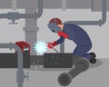 Worker welds large metal pipes at basement. Professional welder at work. Man in protective mask and gloves. Flat vector