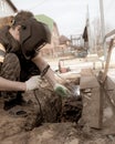 Worker welds metal at the construction site