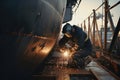 worker welds the metal hull of the ship in the shipyard , Ai generative