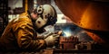 worker welds the metal hull of the ship in the shipyard , Ai generative