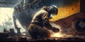 worker welds the metal hull of the ship in the shipyard , Ai generative