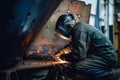 worker welds the metal hull of the ship in the shipyard , Ai generative