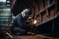 worker welds the metal hull of the ship in the shipyard , Ai generative Royalty Free Stock Photo