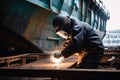 worker welds the metal hull of the ship in the shipyard , Ai generative Royalty Free Stock Photo