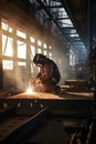 worker welds the metal hull of the ship in the shipyard , Ai generative