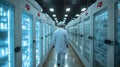 A Worker Walks Through a Cold Storage Facility With Rows of Refrigerators Royalty Free Stock Photo