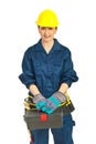 Worker woman holding tools container Royalty Free Stock Photo