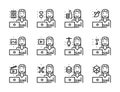 Worker woman with laptop outline icon set. Creative work and soc