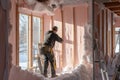 Worker at work on the construction of a house in the winter, A construction crew installing insulation in the walls of a