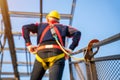A worker working at height equipment. Fall arrestor device for worker with hooks for safety body harness on the roof structure. Royalty Free Stock Photo