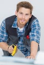 worker works with handsaw Royalty Free Stock Photo