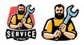 Worker with wrench. Engineer, technician, mechanic emblem. Workshop, technical service logo. Vector illustration